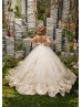 Gold Lace Ivory Tulle Buttons Back Floor Length Flower Girl Dress